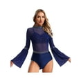 thumbnail image 1 of TSSOE Womens Mesh Flare Sleeve Bodysuit Mock Neck Sheer Leotard Gymnastics Figure Skating Dancewear Navy Blue S, 1 of 7