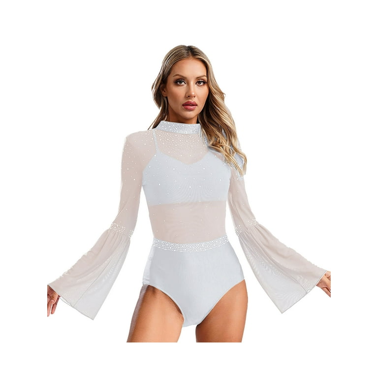 TSSOE Womens Mesh Flare Sleeve Bodysuit Mock Neck Sheer Leotard TSSOE Womens Mesh Flare Sleeve Bodysuit Mock Neck Sheer Leotard