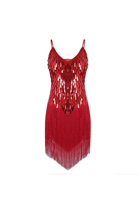 Womens Shiny Sequins Spaghetti Straps Rhythm Latin Samba Rumba Tango Dance Dress Fringe Party Red One_Size