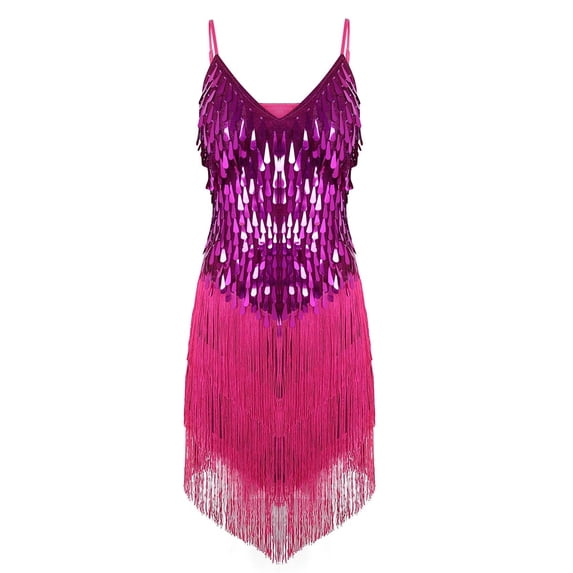 TSSOE Womens Shiny Sequins Spaghetti Straps Rhythm Latin Samba Rumba Tango Dance Dress Fringe Party Rose One_Size