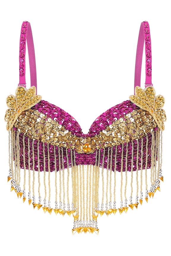 Womens Sparkly Belly Dance Top Adjustable Straps Tassels Underwired Bra for Stage Performance Hot Pink One Size