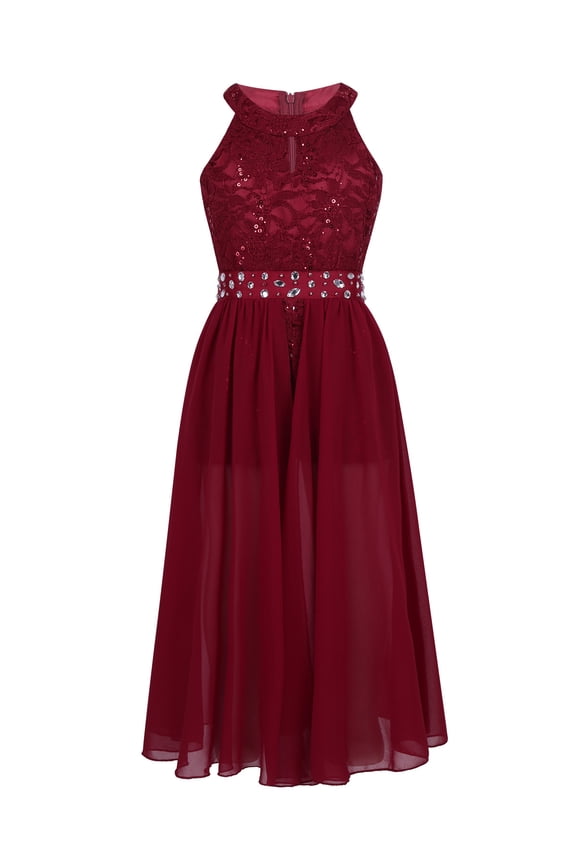 Youth Big Girls Halter Chiffon Pleated Maxi Romper Dress Wedding Party Evening Dance Prom Long Gowns Burgundy 14