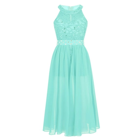 TSSOE Youth Big Girls Halter Chiffon Pleated Maxi Romper Dress Wedding Party Evening Dance Prom Long Gowns Mint Green 10