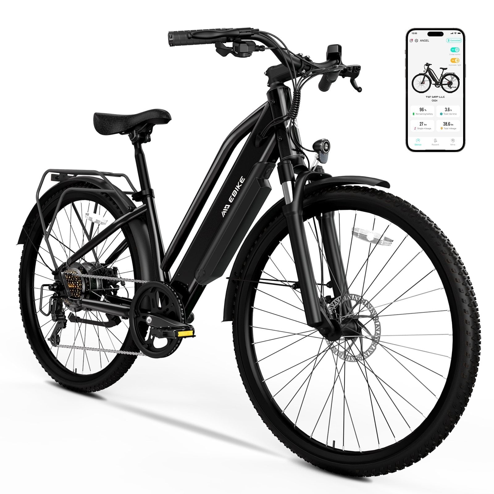 TST Electric Bike for Adults 26", Peak 750W Electric Bicycles with Fenders and Rear Rack, 60miles Long Range, E-Mountain Bike, 7-Speed, 10.4AH Battery, UL2849, APP Control