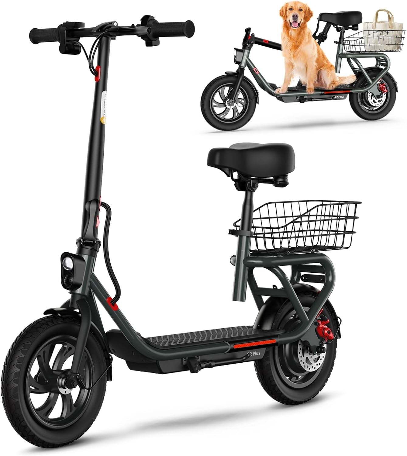 TST Electric Scooter with Seat for Adults, Foldable Electric Scooter with Basket, Max 16 Mph, Peak 500W Motor, 20 Miles Range, 12" Pneumatic Tire Commuter E Scooter