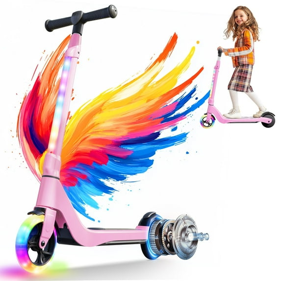 Electric Scooter for Kids, 100W Adjustable Kick Scooter with Flashing Rainbow LED Lights, Up to 8mph&8 Miles
