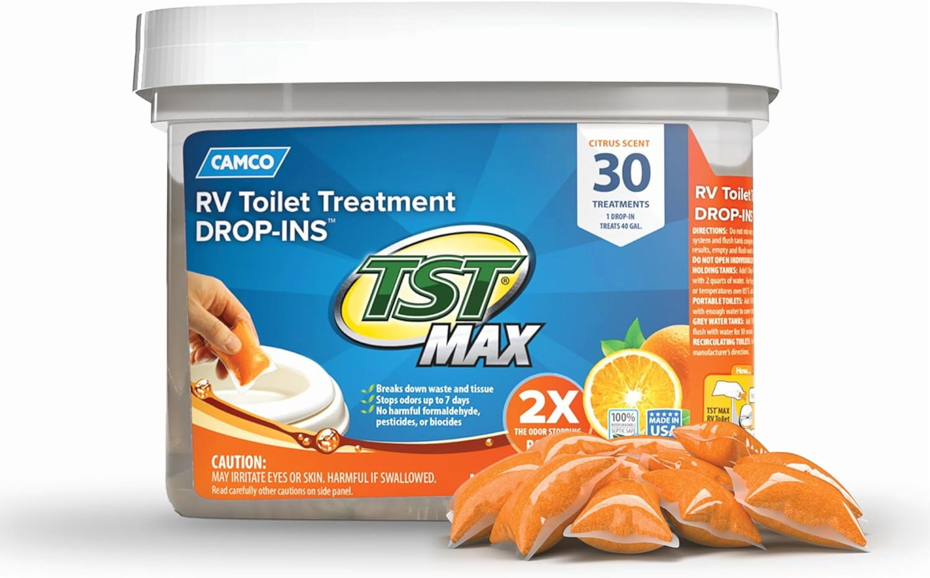 TST MAX RV Toilet Treatment Drop-INs - Control Unwanted Odors \u0026 Break Down Waste and Tissue - Safe Septic Tank Treatment - Orange Scent, 30-Pack (41183)