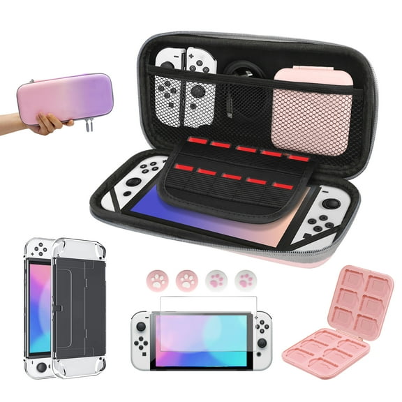 TSV 10-in-1 Accessories Bundle Kit Fit for Nintendo Switch OLED Model with Carrying Case, Dockable Protective Case, Screen Protector, Game Card Case