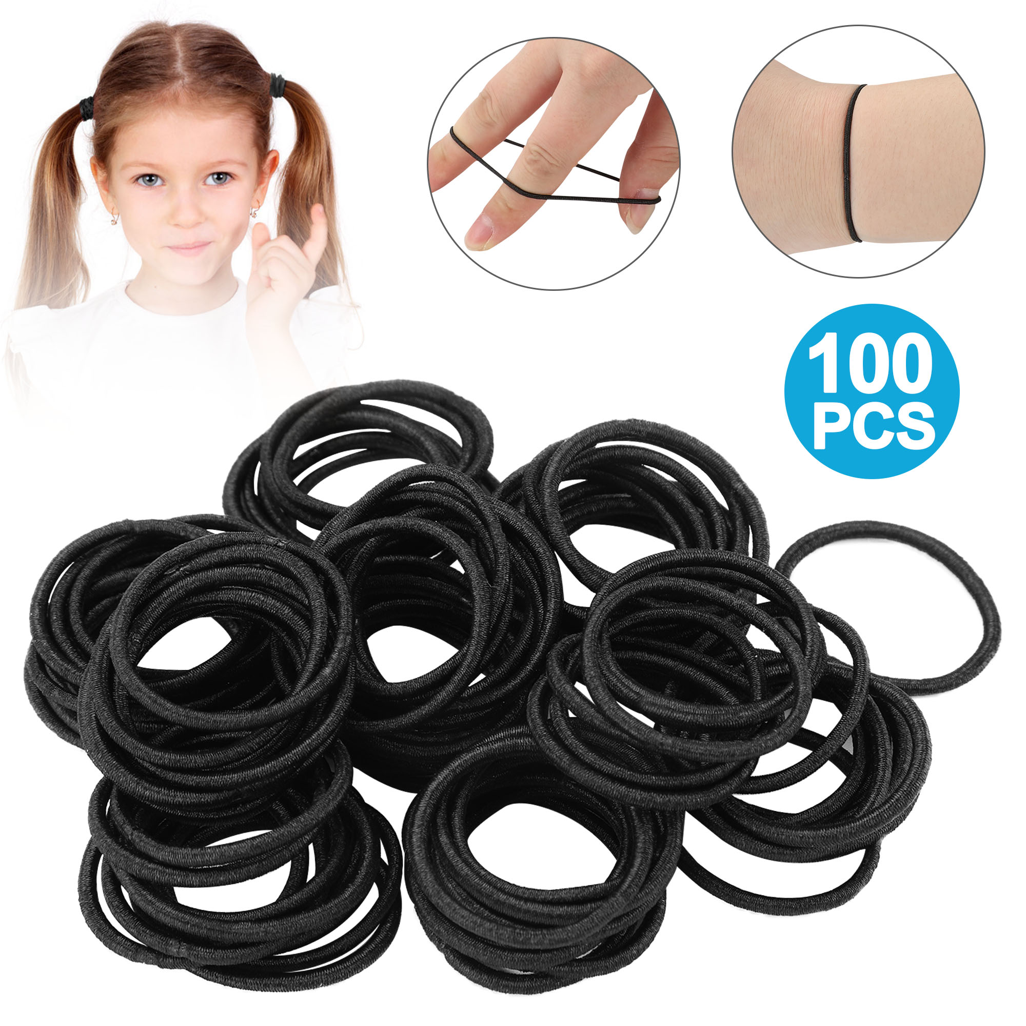 TSV 100pcs Black Elastic Hair Ropes, No Crease Rubber Band Hair Ties, Ouchless Ponytail Holders for Girls - image 1 of 7