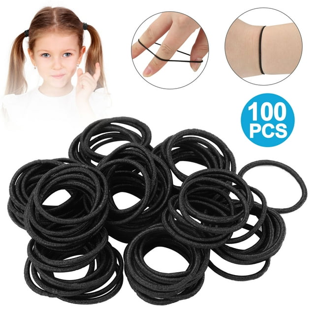 TSV 100pcs Black Elastic Hair Ropes, No Crease Rubber Band Hair Ties, Ouchless Ponytail Holders for Girls