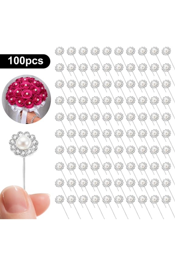 100pcs Diamond Bouquet Pins, Floral Pearl Corsages Pins, Diamond Flower Pins, Floral Rhinestones Pins, Crystal Diamond Head Straight Pins for Wedding Bridal Jewelry Decor DIY Craft Sewing