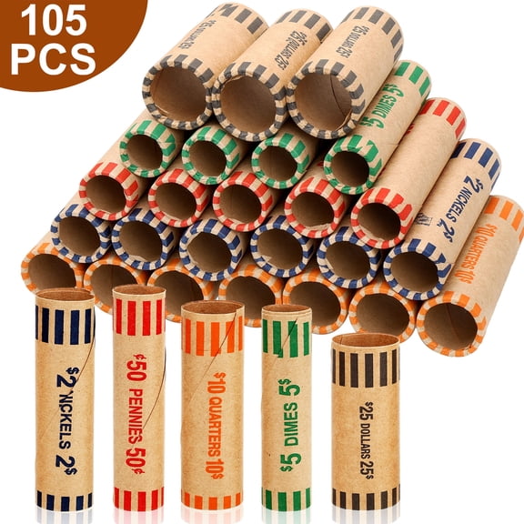 TSV 105pcs Assorted Preformed Coin Wrappers Rolls, Bulk Preformed Paper Coins Tubes, Change Rolls Wrappers for Quarters, Pennies, Nickels, Dimes, Dollars