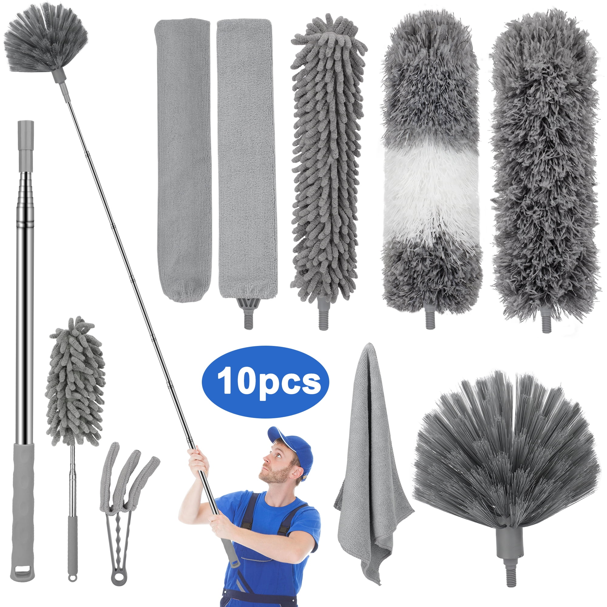 Dusters for Cleaning High Ceiling Fan, Newliton Microfiber Feather Duster with 30'' to 100'' Telescoping Extension Pole, Long Extendable Duster for