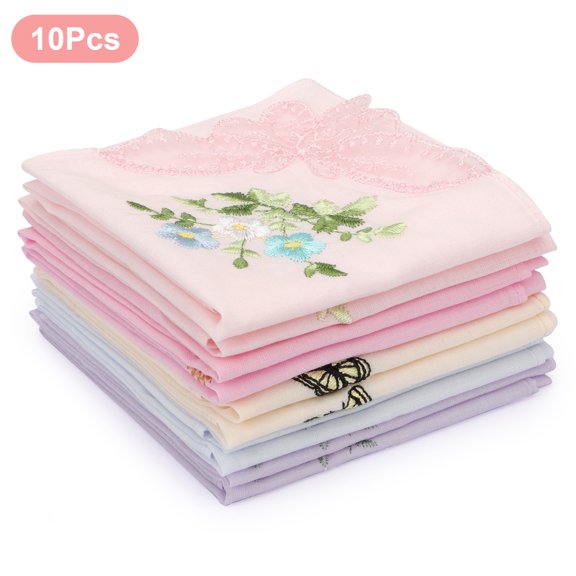 TSV 10pcs Floral Embroidered Handkerchiefs for Women, 11x11" Soft Cotton Hankies