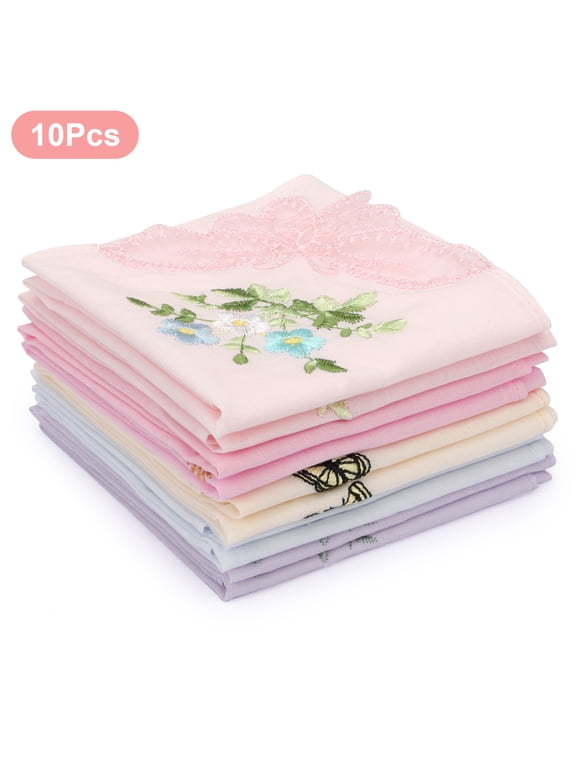 10pcs Floral Embroidered Handkerchiefs for Women, 11x11" Soft Cotton Hankies