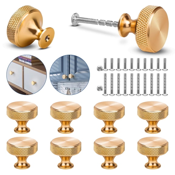TSV 10pcs Knurled Cabinet Knobs, Brushed Gold Kitchen Drawer Pulls for Dresser, Modern Furniture Hardware Handles