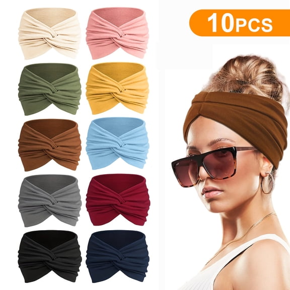 TSV 10pcs Women's Boho Twist Sport Sweatbands, Wide Elastic Headbands for Yoga Workout Running, Soft Stretch Head Wraps, Multi-Color