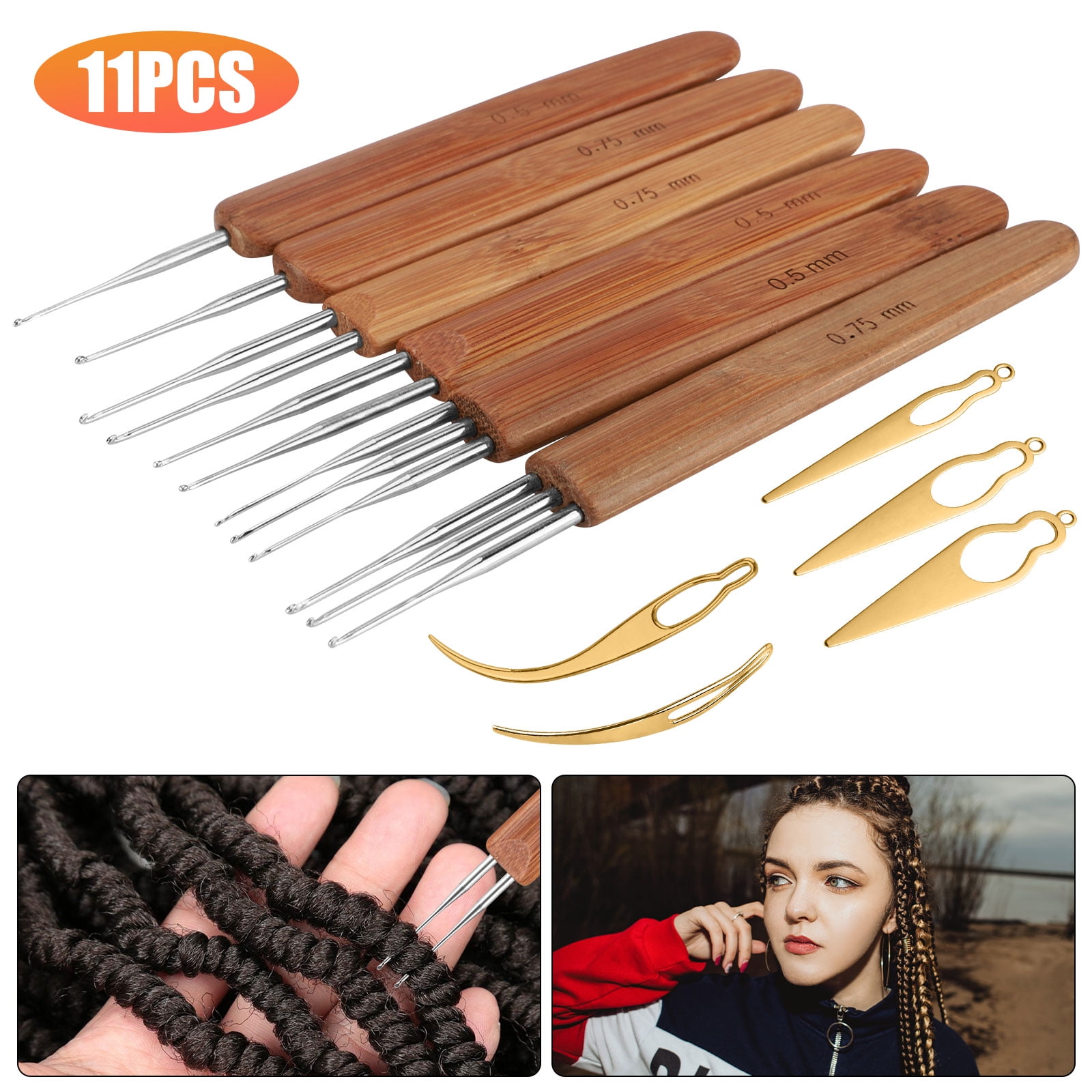 TSV 11pcs Dreadlocks Crochet Hooks Set, Dreadlock Weaving Needle, Steel Crochet  Hook with Bamboo Handle Interlocking Needles, Hair Locking Tool Accessories  for Braid Craft (0.02in 0.03in) 