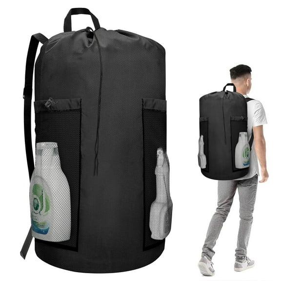 TSV 120L Laundry Backpack, Heavy Duty Large Travel Laundry Bags with Shoulder Straps and 2 Mesh Pockets for College Dorm, Laundromat, Black