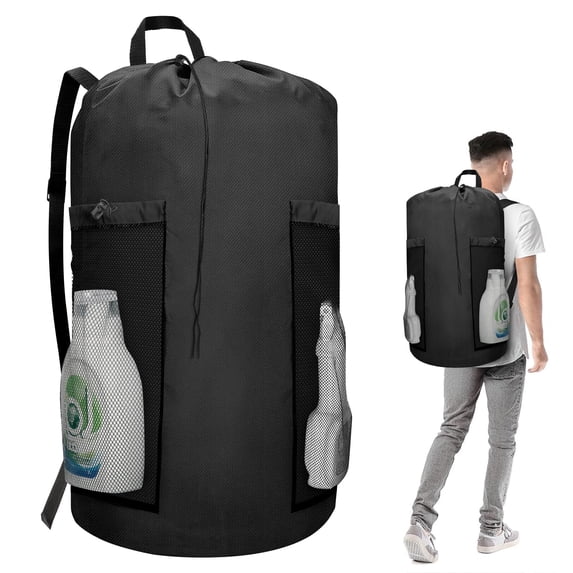 TSV 120L Laundry Backpack, Heavy Duty Large Travel Laundry Bags with Shoulder Straps and 2 Mesh Pockets for College Dorm, Laundromat, Black