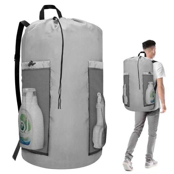 TSV 120L Laundry Backpack, Heavy Duty Large Travel Laundry Bags with Shoulder Straps and 2 Mesh Pockets for College Dorm, Laundromat, Gray