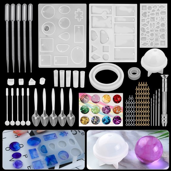 TSV 121pcs Silicone Resin Mold Set with Heart Glitter, Jewelry Craft DIY Making Epoxy Casting Mold Tools