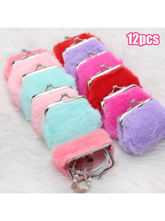 12pcs Furry Coin Purse, Soft Plush Kiss-Lock Change Purse for Women, Fashion Color Coin Pouch, Small Mini Wallet for Jewelry, Keys, Coin, Cash