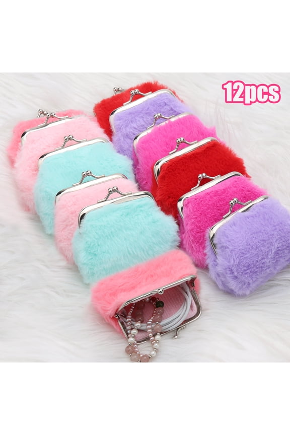 12pcs Furry Coin Purse, Soft Plush Kiss-Lock Change Purse for Women, Fashion Color Coin Pouch, Small Mini Wallet for Jewelry, Keys, Coin, Cash