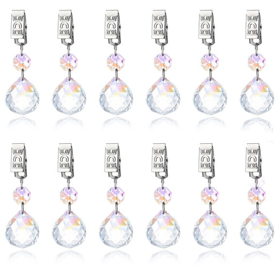 TSV 12pcs Tablecloth Weights, Crystal Table Cover Pendant with Metal Clip Clamps, Windproof Table Cloth Hangers for Decoration, Outdoor Picnic, Family Dinner Party