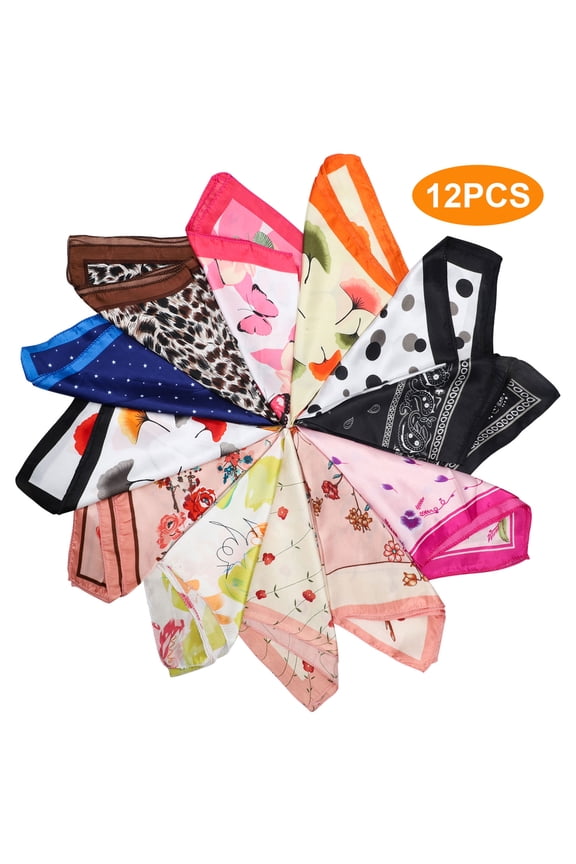 12pcs Womens Head Scarves, Square Neck Hair Handkerchief Bandanas in Assorted Colors and Patterns, 19.6in