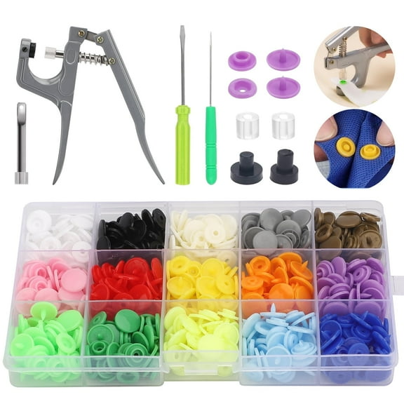 TSV 150pcs Snap Fasteners Tool Kit, 15 Color Sewing Art Plastic Buttons Fastener with Pliers and Setting Tools