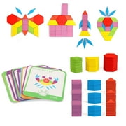 TSV 155 Pcs Wooden Pattern Blocks Set, Geometric Shape Puzzle, Classic Educational Montessori Tangram Toys for Boys and Girls with 24 Pcs Design Cards