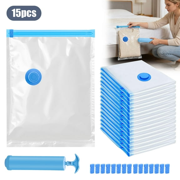 TSV 15pcs Vacuum Storage Bags, Vacuum Sealed Compression Bags with Hand Pump, Space Saver Bags for Blankets, Luggage, Clothes, Comforter