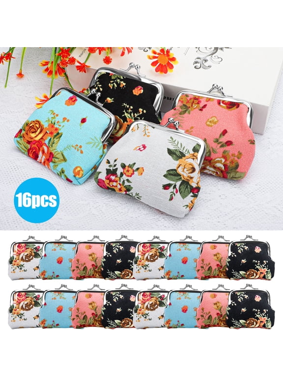 16pcs Cute Floral Buckle Coin Purses, Vintage Kiss-lock Change Purse, Small Canvas Rose Flower Wallet for Women