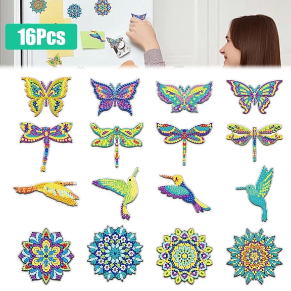 TSV 16pcs Diamond Art Magnets Kit, Mandala Dragonfly Butterfly Bird Refrigerator Magnets for Kitchen Bedroom