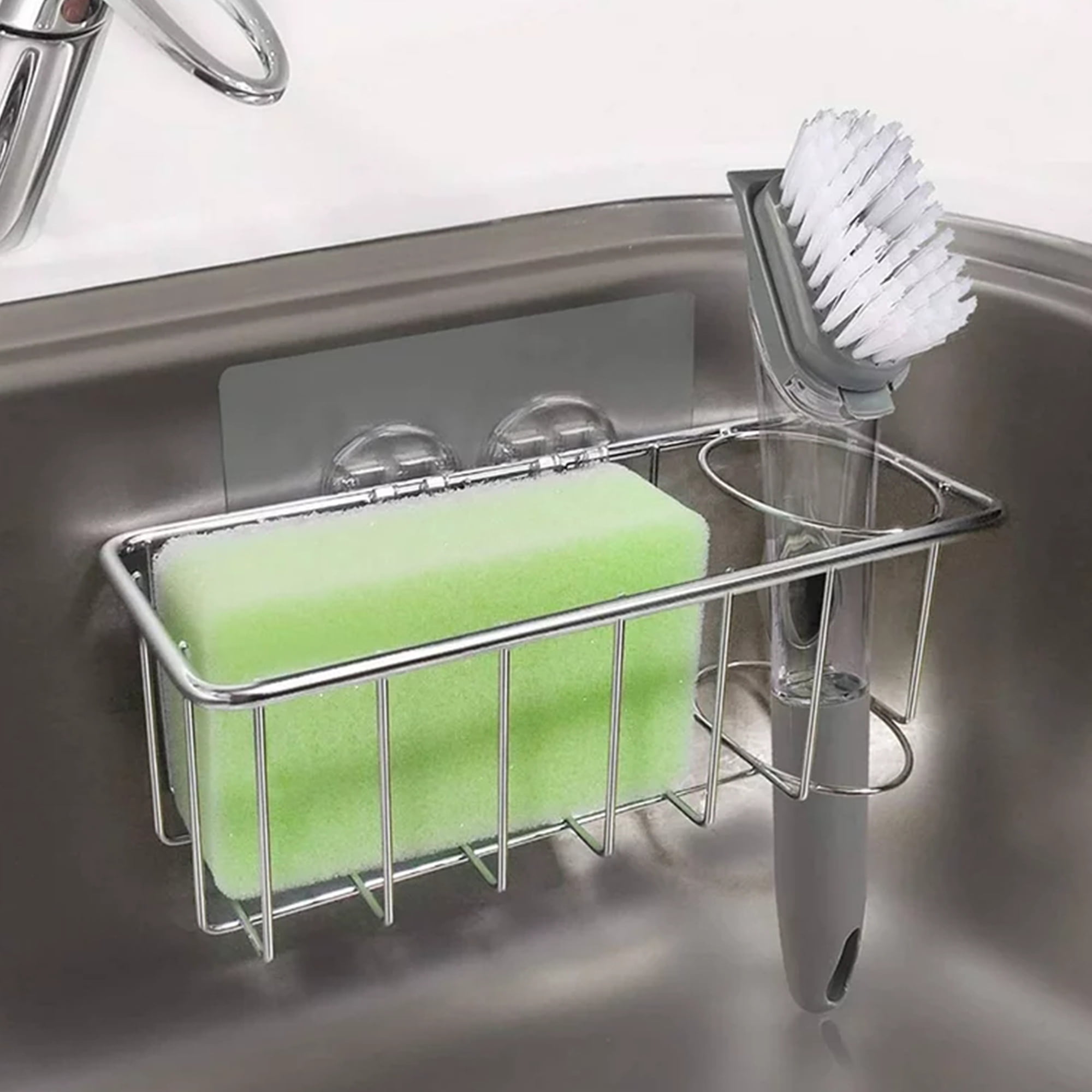 TSV 2 in 1 Adhesive Sponge Holder Stainless Steel Rustproof Dish Scrubber Holder Basket for Kitchen Sink