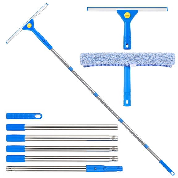 TSV 78.7" Window Squeegee Cleaner Tool, 2 in 1 Window Cleaning Kit with Extension Pole, Microfiber Scrubber, Professional Squeegee for High Window, Shower Doors, Mirrors & Car Windshield