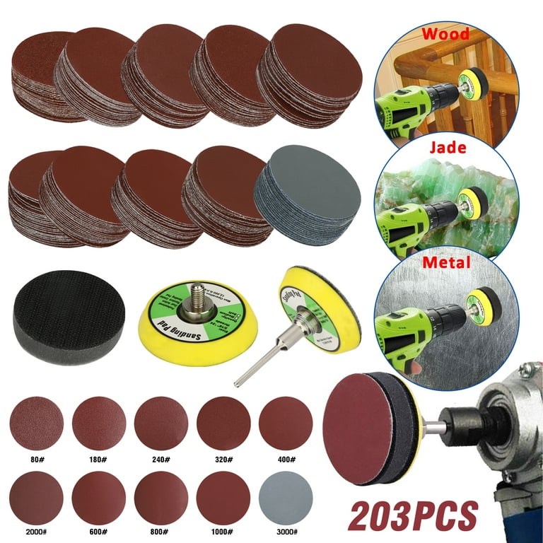 TSV 200pcs Sanding Disc Pads, 2 Sandpaper with Shank Backer Plate and Foam  Buffering Pad for Drill Grinder Rotary Tools 