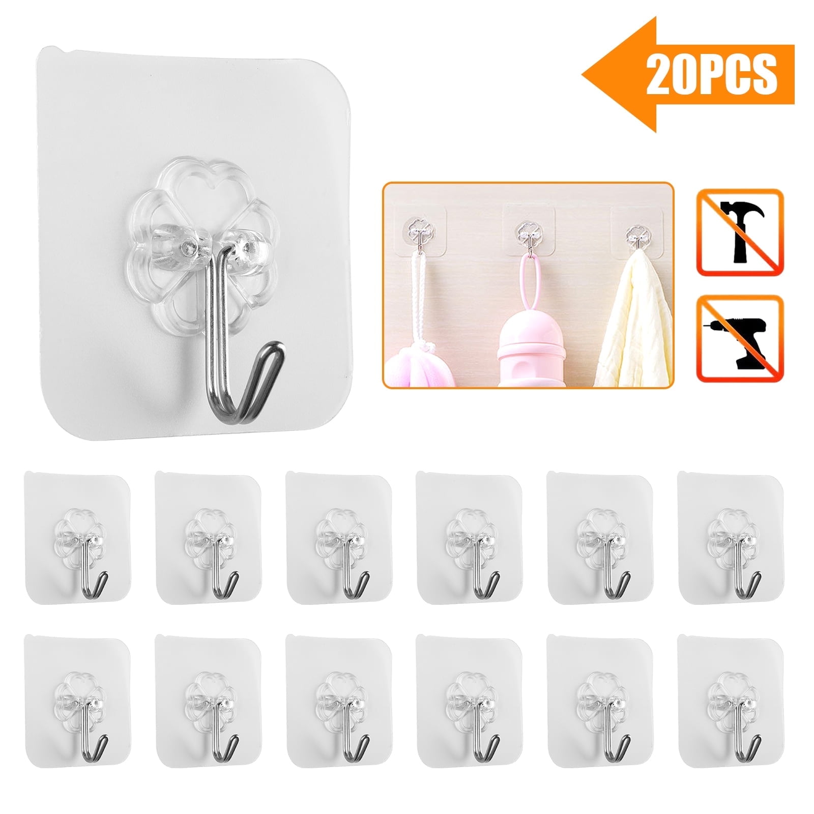 TSV Self-Adhesive Wall Hooks 20pcs Heavy Duty Clear Stick-On