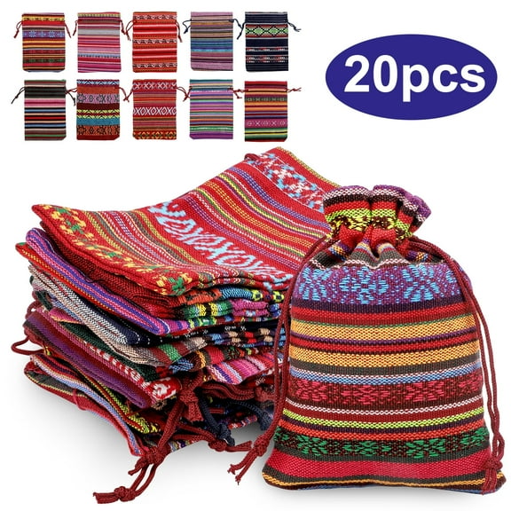 TSV 20pcs Cotton Linen Drawstring Gift Bags, Mexican Fiesta Mini Drawstring Bag, Ethnic Style Jewelry Coin Pouches, Reusable Goodie Candy Bags for Wedding Party Favors