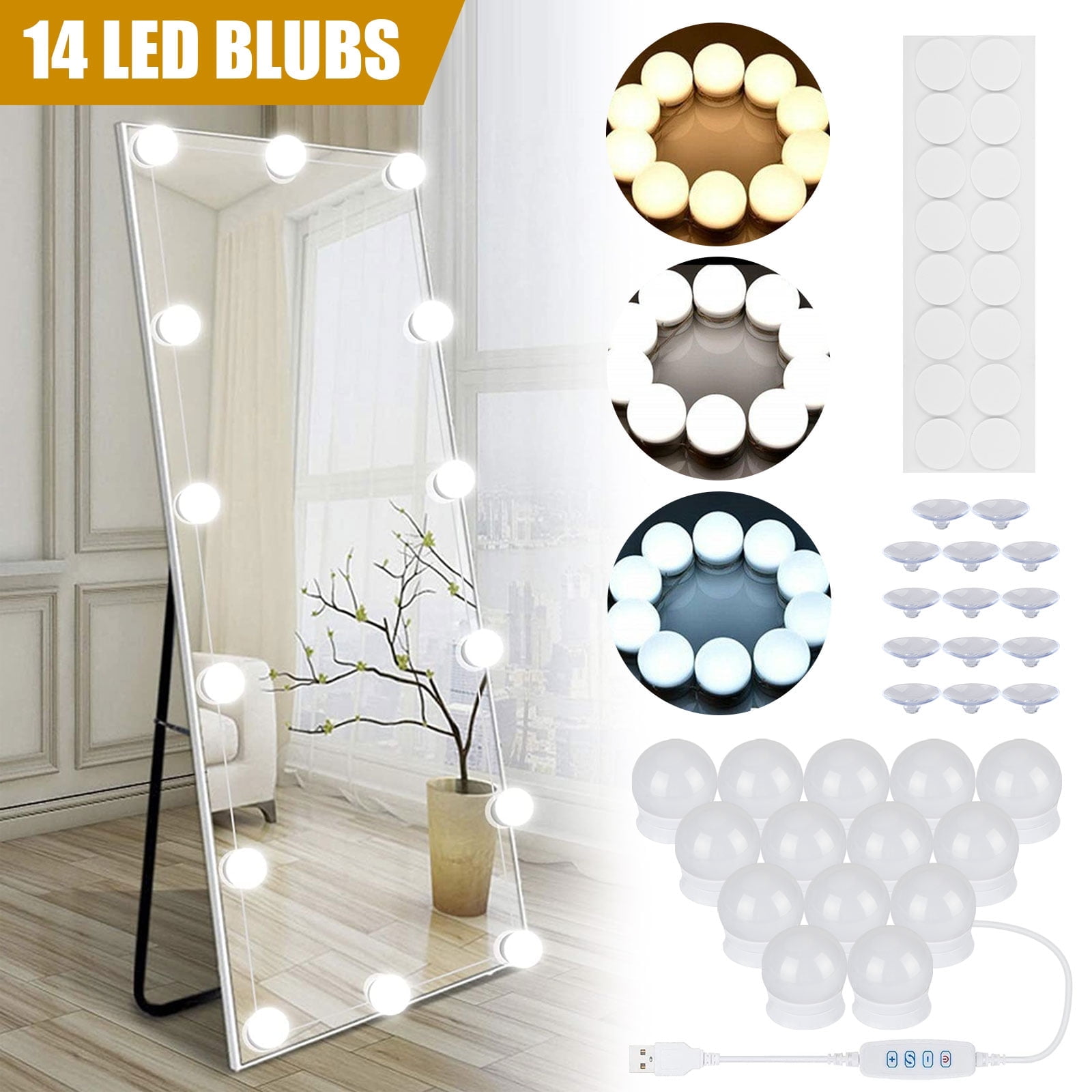 TSV 22ft Hollywood Makeup Mirror Light, 14 LED Vanity Lights 3 Colors for Bedroom Dressing Table