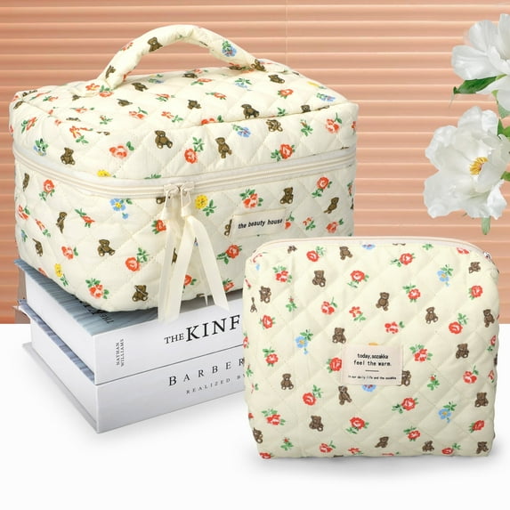 TSV 2Pcs Travel Makeup Bags for Women, Lovely Flower & Bear Cotton Cosmetic Organizer Set, Gift for Women
