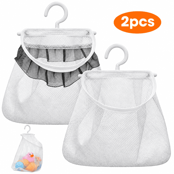 TSV 2pcs Clothespin Bags for Clothesline, Breathable Hanging Mesh Organizer with 360 Rotating Hooks for Laundry Room & Shower, White