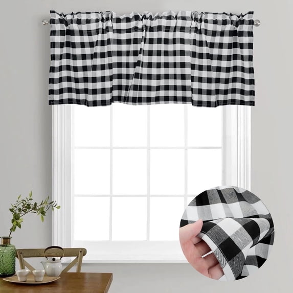 TSV 2pcs Black and White Buffalo Plaid Kitchen Valance Curtains, Checkered Cafe Valance for Window Treatment, Curtains Rod Pocket Valances for Farmhouse Window, 52 x 16''