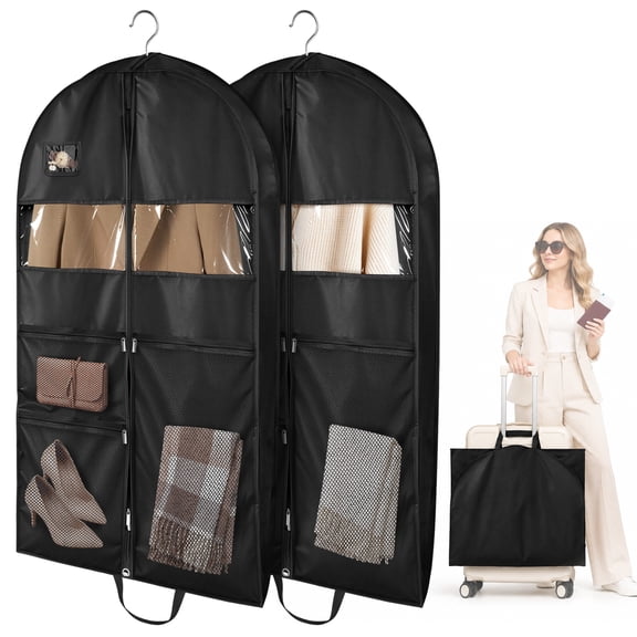 TSV 2pcs 43.3" Garment Bags for Travel, Garment Bags for Hanging Clothes, Foldable Suit Bags with Shoe Storage Pockets for Dresses, Coats, Shirts