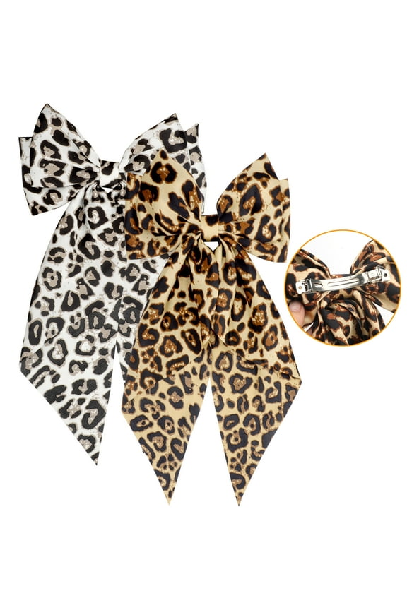 2pcs Hair Leopard Bows, Long Tail Bow Clip Big French Barrette for Women Girl