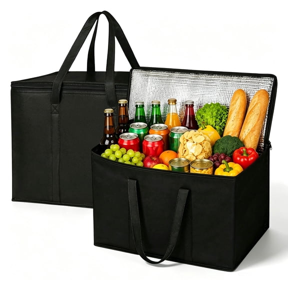TSV 2pcs Insulated Reusable Grocery Bags, Large Collapsible Cooler Bag with Zipper Lid for Groceries, Heavy Duty Food Delivery Bag for Shopping, Picnic