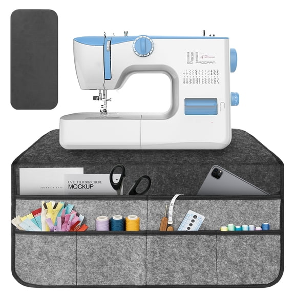 TSV 2pcs Sewing Machine Muffling Mat & Foot Pedal Mat, Felt Non-Slip Sewing Machine Pad for Table with Storage Pockets, Gray