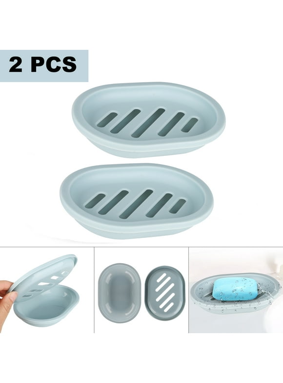 TSV 2pcs Soap Dish with Drain, Soap Holder with Water Tray, Easy Cleaning Soap Saver Dry Stop, Mushy Soap Tray for Shower Bathroom Kitchen, Grey/Green/Blue/Pink
