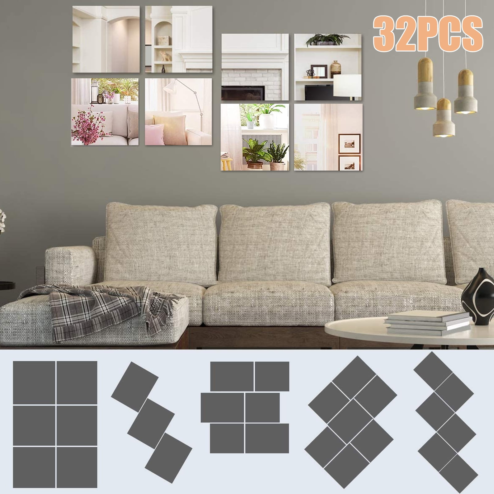 Fancy 16pcs Self Adhesive Mirror Tiles Wall Mirror Stickers Flexible Non Glass Mirror Sheets for Home Living Room Wall Decor 5.9 inch*5.9 inch Silver